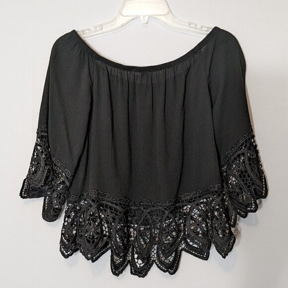 WOMEN'S "Ambiance" Short Black Crepe Peasant Top w Black Lace; Size S - Picture 3 of 5